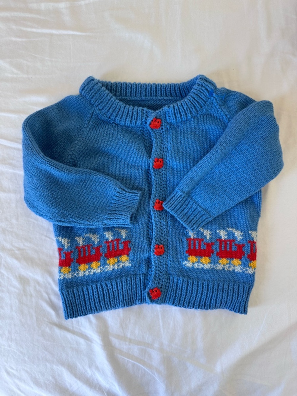 VINTAGE Hand-Knit Blue Kids Cardigan with Red Train Motif